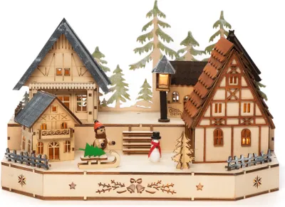 Produktbild von Konstsmide LED Holzsilhouette, naturfarben, Dorf mit Schneemann, Kind