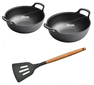 Produktbild von Wokset - Wokpfannen aus Gusseisen - 2-teilig, 20 und 25 cm - Antihaft - Doppelgriffe - Für Gas- und Induktionsherde - Ohne Deckel - Schwarz