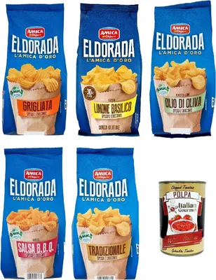 Produktbild von Amica Chips Eldorada Testpaket Salzige Kartoffelchips mit gewelltem Schnitt 5x 130g glutenfreie knusprige Kartoffel chips + Italian Gourmet polpa 400g