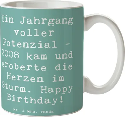 Produktbild von Mr. & Mrs. Panda Kaffeebecher Spruch 2008 Geburtstag - Meeresbrise - Geschenk, Kaffeetasse, Teetasse, Becher, besonderes Jahr, Glückwunsch, Geburtstagsgeschenk, Tasse
