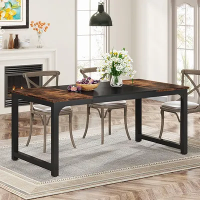 Image de Table de salle à manger 160x80 cm, style rustique, couleur marron, design industriel, rectangulaire, pour 4 à 6 personnes