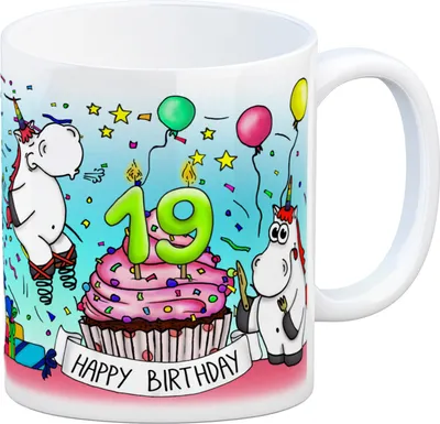 Produktbild von Honeycorns Tasse zum 19. Geburtstag mit Muffin und Einhorn Party Kaffeebecher