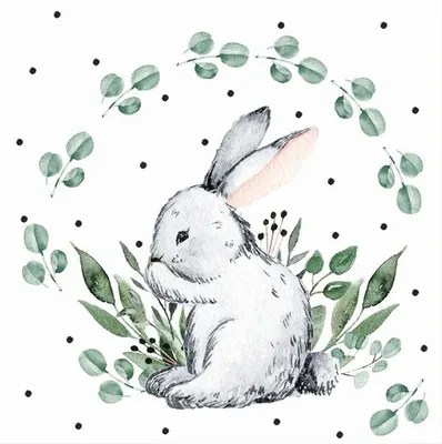 Produktbild von 20 Servietten Sweet Bunny - Hase umrahmt von grünen Blättern 33x33cm