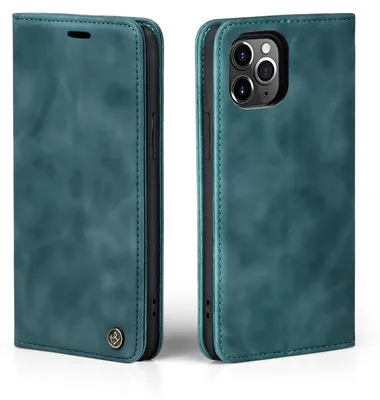 A teal flip case for an iPhone 11 Pro is shown from two angles.