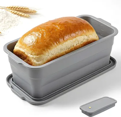 Produktbild von Faltbare Brotbackform aus Silikon mit Deckel, Kastenform für Kuchen 32×14.5×11.5cm, hitzebeständig und spülmaschinengeeignet, für großes Toastbrot, grau