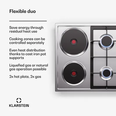 Obrázek produktu pro Klarstein Dual-Energy varná deska - Elektrická a plynová varná deska - Vhodná pro LPG a zemní plyn, robustní litinové rošty, bezpečnostní pojistka při poruše plamene - dokonalá kombinace plynové varné desky (175 l)