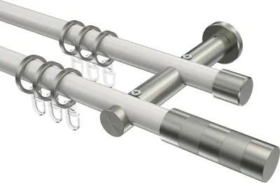 Produktbild von Interdeco Gardinenstange / Vorhangstange Weiß / Edelstahl-Optik, Typ Platon Mavell (Zylinder Bicolor), 20 mm Ø 2-läufig, 480 cm