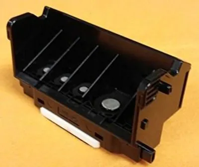 A black printer ink cartridge head is shown against an orange background.
