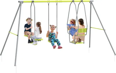 Produktbild von 3-in-1-Kinderschaukelset mit 2 gegenš¹berliegenden Schaukeln und 1 Schaukelsitz, max. Belastung 225 kg, grš¹n