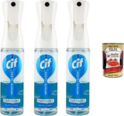 Produktbild von Cif Infinite + Clean Tutto in 1 Sensitive Fiori di Loto & Sali Minerali 280 ml, Mehrzweck-Oberflächenreiniger, 3 x 280 ml +Italian Gourmet polpa 400 g