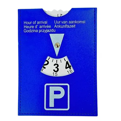 Produktbild von Parkscheibe Auto Parkuhr Leder 11×15 cm Blau 12/24h Mehrsprachig Parkscheiben Uhr KFZ Parkuhr Pflicht Zubehör robust langlebig