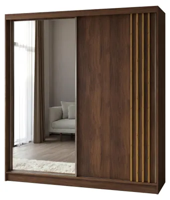 Image de Armoire Neli de 200 cm avec lamelles et miroir, comprenant 2 portes coulissantes. Armoire coulissante (couleur : Noyer Warmia, lamelles artisanales)