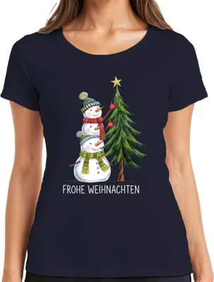 Produktbild von Frohe Weihnachten Schneemänner Weihnachtsbaum Niedlich Kinder Damen T-Shirt, Navy, 3XL