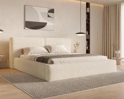 Produktbild von Chilly Möbel Design Bett Nolia - Polsterbett mit stabilem Metallrahmen, Bettkasten, Lattenrost und gemütlichem Kopfteil 200x200 cm / Cord Rib / Beige