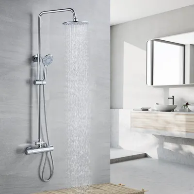 Produktbild von Auralum Duschsystem mit Thermostat, runde Regendusche & Regenkopf, höhenverstellbare Duschsäule, moderne Duschgarnitur mit 3 Strahlarten Handbrause