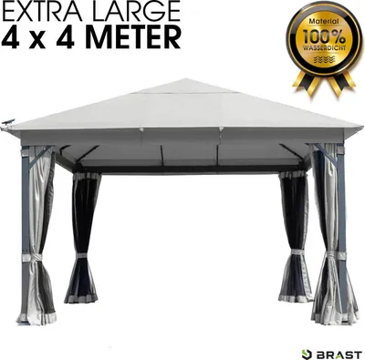 A light gray gazebo with dark gray and black curtains, presented on a white background.