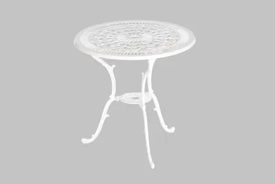 A white cast aluminum garden table with a decorative top and three legs, shown against a plain gray background.