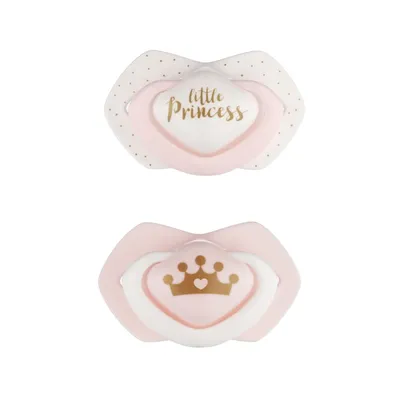Two baby pacifiers are shown against a white background.
