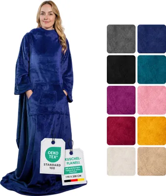 Produktbild von heimtexland ® Ärmeldecke TV Kuscheldecke mit Ärmeln Taschen Fußsack Super Soft Flanell tragbare Decke Ganzkörperdecke Typ870 Royalblau 200x170 cm
