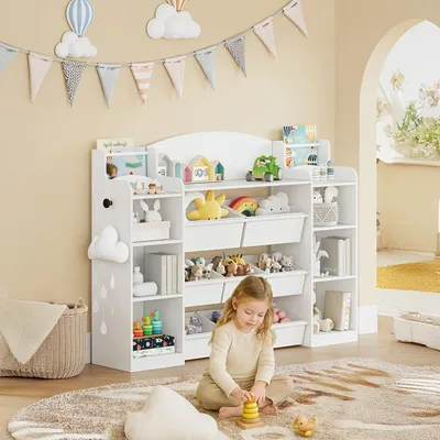 Produktbild von Kinderbuchschrank - Bücherregal - Spielzeugschrank - Aufbewahrungsschrank - Kindermöbel - Weiß - 140 cm breit