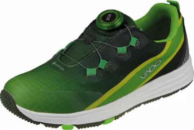 A single green athletic shoe with yellow accents is shown against a white background.
