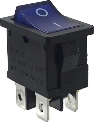 A single black and blue rocker switch with silver terminals, shown at a slight angle against a white background.