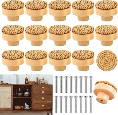 Produktbild von Famanu Holzknöpfe Boho - 16 Stück Rattan Möbelknöpfe für Schubladen und Küchenschränke