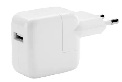 A white USB power adapter with European-style prongs.