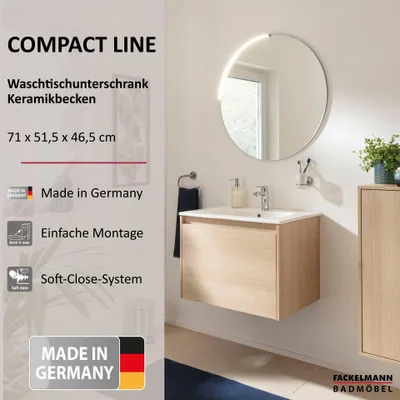 Produktbild von FACKELMANN COMPACT LINE Waschbecken mit Unterschrank  71 cm breit, Braun hell, Waschbecken aus Keramik in Weiß, 1 Schublade
