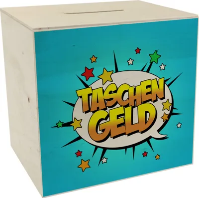 Produktbild von Taschengeld Spardose aus Holz im coolen Comic-Look