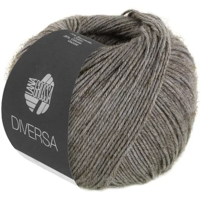 A ball of grey yarn with a dark grey label.