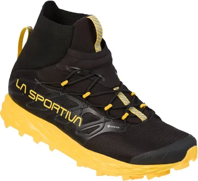 Schwarzer Trailrunning-Schuh "Blizzard Gtx" von La Sportiva mit gelben Akzenten und hohem Schaft.