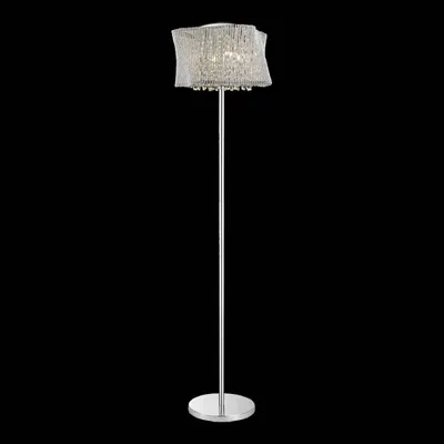 A floor lamp with a silver mesh shade and clear crystal accents, set against a black background.