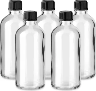 Produktbild von 5x Klare Glasflasche 100 ml mit schwarzem Schraubverschluss leer DIN18