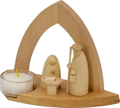 Productafbeelding van Leuchter boogvormige kerststal, naturel, met gestileerde heilige familie en theelicht. Afmetingen: 15x11x7 cm. Nieuw