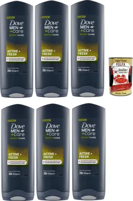 Produktbild von Dove Men+Care, shower gel 3 in 1, Sport Care Active + Duschbad für Körper, Gesicht und Haare mit 24-Stunden-Pflegeeffekt, 6x 250 ml + Italian Gourmet polpa 400g