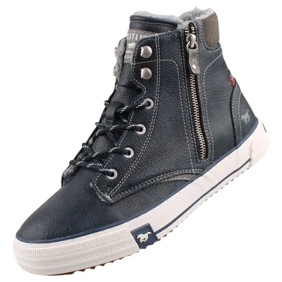 A single blue high-top sneaker with a zipper and laces, shown against a white background.