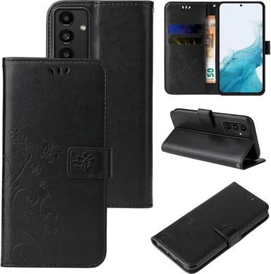 A collage of images showing a black floral butterfly flip phone case for a Samsung Galaxy A54 5G.