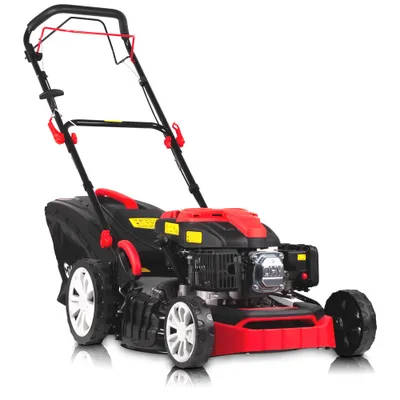 A red and black gasoline-powered lawnmower is shown against a white background.