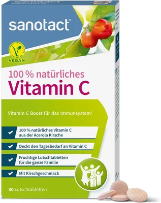 Produktbild von sanotact Vitamin C (30 Lutschtabletten) - Acerola Tabletten vegan - 100% natürliches Vitamin C für Kinder & Erwachsene
