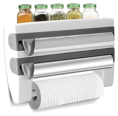 Produktbild von Wandrollenhalter 3-fach Schneidabroller für Frischhaltefolie mit Papierrollenhalter, 39 x 10 x 24 cm (Grau und Weiß)