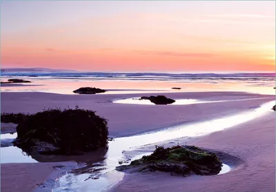 Produktbild von Wallario Fototapete Vliestapete, seidenmatte Oberfläche, einfache Verarbeitung, Größe 200 x 140 cm, Motiv Sonnenuntergang am einsamen Strand