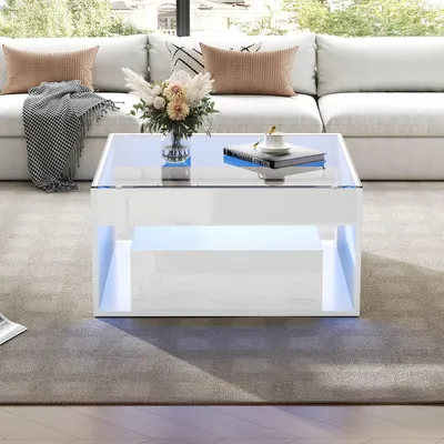 Productafbeelding van 70 x 70 x 35 cm: Salontafel, bijzettafel met 2 lades, salontafel met open design, bureau en eettafel van gehard glas met LED-verlichting