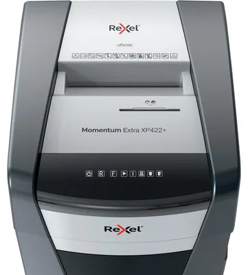 Produktbild von Rexel Momentum Extra XP422+, Partikelschnitt-Zerkleinerung, 4 x 35 mm, 85 l, 800 Blätter, 55 dB, Berührung