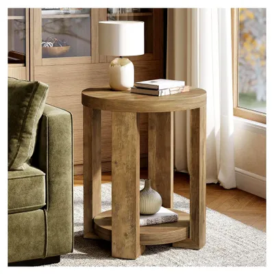 Produktbild von Moderner runder Beistelltisch, 50 cm mit Stauraum, kleiner Nachttisch im Landhausstil für Wohnzimmer und Schlafzimmer