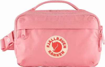 A pink Fjällräven Kånken hip pack is shown against a white background.