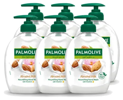 Imagen del producto de 6 unidades de jabón líquido Palmolive, aroma a leche de almendras y aloe vera, 300 ml cada uno. Paquete económico