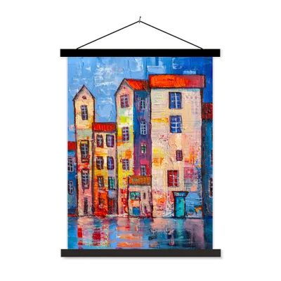 Produktbild von MuchoWow® Textilposter Gemälde - Ölfarbe - Haus - Wasser 60x80 cm mit schwarzem Rahmen - Plakathalter