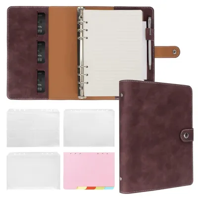 Immagine prodotto di Quaderno ad anelli formato A5, rivestito in ecopelle marrone scuro, con carta da 100 GSM, tasche interne, divisori a registro