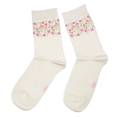 Productafbeelding van Damen basic sokken van katoen met bloemenmotieven, crèmekleurig, met een bloemenrand. Maat 35-38